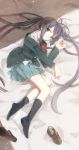  bed black_hair blazer brown_eyes k-on! legs loafers long_hair lying nakano_azusa off_shoulder on_side school_uniform shoes skirt socks solo twintails very_long_hair 