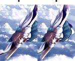  brown_hair cape chipika flying highres outstretched_arms red_eyes reiuji_utsuho sky spread_arms stereogram stereoscopy touhou weapon wings 