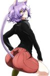  1boy animal_ears ass bad_id cat_ears cat_tail fang highres hunter_x_hunter long_sleeves male nefelpitou purple_hair short_hair shorts slit_pupils solo tail trap wavy_hair yagyuu yellow_eyes 