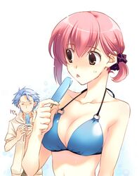  bikini bikini_top blue_hair breasts brown_eyes cleavage o-ring_top pink_hair popsicle protagonist_(tokimemo_gs3) shitara_seiji short_hair swimsuit tokimeki_memorial tokimeki_memorial_girl&#039;s_side_3rd_story tokimeki_memorial_girl's_side_3rd_story trough_shell twintails 