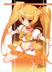  absurdres blonde_hair boots character_name cure_sunshine d_myo flat_chest flower from_above hair_ribbon heartcatch_precure! highres long_hair magical_girl midriff myoudouin_itsuki navel orange_(color) orange_background orange_dress outstretched_arms perspective precure ribbon shirahane_nao smile solo spread_arms standing_on_one_leg title_drop twintails very_long_hair yellow_eyes 