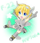  \o/ arms_up blonde_hair blue_eyes chibi f-22 fangs jet mecha_musume missile original outstretched_arms pointing short_hair solo star zephyr164 