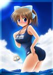  blush bow brown_hair cloud clouds hair_bow minami_shinju name_tag one-piece_swimsuit original school_swimsuit shell short_hair solo submerged swimsuit water wet 