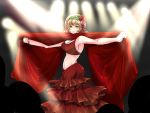  axis_powers_hetalia bare_shoulders belgium_(hetalia) blonde_hair bracelet breasts cleavage dress flamenco flower frills green_eyes hair_flower hair_ornament hair_ribbon hairband jewelry kuroko_(sisisihati) large_breasts midriff mouth_hold navel ribbon rose shawl stage_lights 