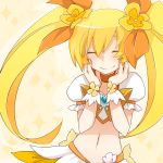  blonde_hair cielo_oceano closed_eyes cure_sunshine dress hair_ribbon hands_on_own_face happy heart heartcatch_precure! long_hair magical_girl midriff myoudouin_itsuki navel precure ribbon skirt smile solo twintails wrist_cuffs yellow yellow_background yellow_dress 