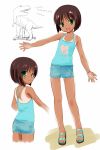  brown_hair child dinosaur green_eyes original outstretched_arms sandals shorts solo spread_arms tan tank_top tanline translated yukino_minato 