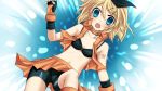  blonde_hair blue_eyes buruma fingerless_gloves gloves hair_ornament hair_ribbon hairclip highres kagamine_rin midriff navel ribbon short_hair skirt solo vocaloid yayoi_(egoistic_realism) 