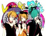  aqua_eyes aqua_hair bad_id blonde_hair hair_ornament hair_ribbon hairclip hatsune_miku kagamine_len kagamine_rin microphone ribbon short_hair tsuyuxxx vocaloid 