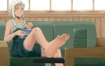  1girl 4chan bare_shoulders barefoot book couch dark_skin diebuster drawfag feet freckles highres lal&#039;c_mellk_mal lal'c_mellk_mal pov_feet short_hair soles toes top_wo_nerae_2! wallpaper white_hair yellow_eyes 