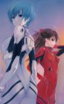  arm_up ass ayanami_rei blue_eyes blue_hair bodysuit brown_hair face from_behind hand_on_hip looking_back multiple_girls neon_genesis_evangelion plugsuit profile red_eyes rokkaku_(ajisaidenden) shikinami_asuka_langley short_hair souryuu_asuka_langley 