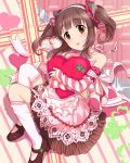  1girl arm_ribbon background bare_shoulders brown_eyes brown_hair clover cushion detached_sleeves dress four-leaf_clover frilled_skirt frills hair_ornament heart idolmaster idolmaster_cinderella_girls jpeg_artifacts kneehighs lace legs_folded light_smile looking_at_viewer mary_janes neck_ribbon object_hug official_art ogata_chieri ribbon shoes skirt solo tagme twintails 