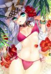  bikini bikini_pull bracelet breasts cherrypin colorful flower gradient_hair hair_flower hair_ornament hat hibiscus highres jewelry lips long_hair lying multicolored_hair necklace on_back open_clothes open_shirt original shirt side-tie_bikini solo straw_hat swimsuit 
