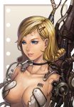  barcode blonde_hair blue_eyes breasts bust cable curly_hair hair_ornament hairclip lips original otacool4 ryouki_tamashii solo 