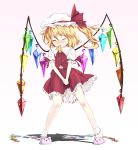  1girl animal_slippers ascot between_legs blonde_hair blush closed_eyes flandre_scarlet gorilla_(bun0615) hand_between_legs hat hat_ribbon have_to_pee highres mouth_hold puffy_sleeves ribbon ribbon_in_mouth shadow shirt short_sleeves side_ponytail simple_background skirt skirt_set slippers solo tears touhou vest white_background wings 