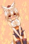  animal_ears blush breasts cleavage cleavage_cutout elbow_gloves fang gloves hat inubashiri_momiji kuromiya red_eyes short_hair solo tail thigh-highs thighhighs tokin_hat touhou white_hair wolf_ears wolf_tail 