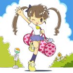  bi-nyo blush_stickers bow brown_hair bus_stop bush bushes cloud clouds duffel_bag flower hair_bow original running school_uniform sky solo twintails waving wink 