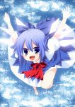  ahoge barefoot blue_eyes blue_hair bow cirno hair_bow highres nigou_(aozoragarou) short_hair solo touhou wings 