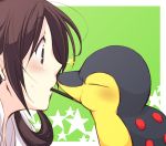  cyndaquil incipient_kiss kotone_(pokemon) mogiko no_fire pocky pocky_kiss pokemon pokemon_(game) pokemon_gsc shared_food simple_background star stars surprised 