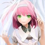  cherry_blossoms face green_eyes hair_ribbon hairband ocaca_(chocolate-hopper) original petals pink_hair ribbon short_hair side_ponytail solo 