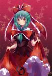  bow breasts daiaru dress dress_lift frills green_hair hair_bow hair_ribbon kagiyama_hina red_eyes ribbon slip_skirt solo touhou 