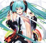  aqua_hair blue_eyes blush breasts bridal_gauntlets detached_sleeves hatsune_miku hatsune_miku_(append) headset long_hair midriff miku_append navel necktie open_clothes open_mouth smile solo takada_kazuhiro twintails very_long_hair vocaloid vocaloid_append 