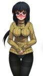  1girl aiba-tsukiko black_hair black_pantyhose blush curvy full-face_blush glasses hand_on_stomach impossible_clothes impossible_sweater long_hair looking_at_viewer panties panties_under_pantyhose pantyhose ribbed_sweater shirt solo sweater thigh_gap underwear wide_hips 