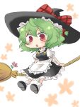  :o bow broom broom_riding chibi cosplay green_hair hair_bow hat kazami_yuuka kirisame_marisa kirisame_marisa_(cosplay) mokku plaid red_eyes short_hair sketch solo touhou witch_hat 