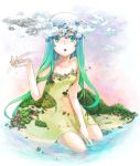  aqua_eyes aqua_hair blue_hair cloud clouds colored_eyelashes eyelashes forest giantess gradient_hair green_hair highres island kurosawa_tomo long_hair mountain multicolored_hair nature ocean open_mouth original personification rain rainbow sitting solo water 