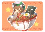  bad_id bosutafu bowl brown_eyes brown_hair cat_ears cat_tail chen chopsticks earrings food hat in_bowl in_container in_food jewelry minigirl multiple_tails ramen rounded_corners short_hair solo tail touhou 