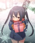  black_hair blush brown_eyes coat cold gift gloves guitar_case holding holding_gift instrument_case k-on! looking_away nakano_azusa no_nose scarf shy skirt snow striped striped_scarf twintails yanagi_yuu 