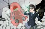  brown_hair crossover dennou_coil glasses k-on! manabe_nodoka mecha open_mouth parody red-framed_glasses robot saitoyu00 satchii school_uniform semi-rimless_glasses short_hair under-rim_glasses v_over_eye 