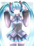  alric aqua_hair closed_eyes detached_sleeves hands_on_headphones hatsune_miku headphones headset long_hair necktie skirt solo thigh-highs thighhighs twintails very_long_hair vocaloid 