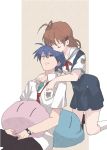  1girl antenna_hair blue_eyes blue_hair brown_hair clannad couple couples dango dango_daikazoku furukawa_nagisa hair_ornament hairpin hug okazaki_tomoya school_uniform summer_uniform 