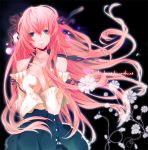  bare_shoulders blue_eyes flower frilled_skirt garter_straps hair_ribbon hands_on_own_chest long_hair manya_(mohu_is-mine) manyako_(mohumohu) megurine_luka open_mouth pink_hair ribbon solo thighhighs vocaloid wind 