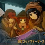  bad_id black_eyes black_hair brown_eyes brown_hair ganaha_hibiki green_eyes hagiwara_yukiho hat highres idolmaster jigo_rou multiple_girls parody scarf shovel takatsuki_yayoi tokyo_godfathers trash worktool 