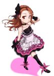  black_thighhighs blush boots bow brown_eyes brown_hair choker dress elbow_gloves from_above gloves hair_bow hairband highres idolmaster idolmaster_2 legs long_hair minase_iori ribbon simple_background solo thigh-highs thighhighs ttomm 