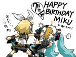  2girls angelin aqua_hair blonde_hair cake food happy_birthday hatsune_miku in_the_face kagamine_rin multiple_girls pie_in_face ribbon short_hair thighhighs translated twintails vocaloid 