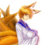  blonde_hair breasts error fox_ears fox_tail hands_in_sleeves impossible_clothes impossible_shirt multiple_tails no_hat no_headwear shirt short_hair solo tail task_(artist) touhou yakumo_ran yellow_eyes 