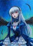  feathers hairband highres long_hair oil_painting_(medium) open_mouth red_eyes rozen_maiden solo suigintou tafuto tears traditional_media white_hair wings 