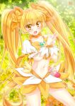  blonde_hair cure_sunshine dress flower hair_ribbon heart heartcatch_precure! long_hair magical_girl midriff myoudouin_itsuki navel pengin_guriko precure ribbon skirt solo star starry_background twintails wrist_cuffs yellow yellow_background yellow_dress yellow_eyes 