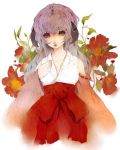  detached_sleeves hakama hanyuu higurashi_no_naku_koro_ni horns japanese_clothes jiro_(ninetysix) long_hair miko purple_eyes purple_hair violet_eyes 