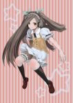  brown_hair face green_eyes hair_ribbon hairband headphones jumping kneehighs leg_garter legs long_hair ocaca_(chocolate-hopper) original ribbon skirt socks solo twintails 