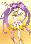  blush character_request cosplay cure_moonlight cure_sunshine cure_sunshine_(cosplay) dress flower heartcatch_precure! highres ishida_akira long_hair magical_girl midriff navel precure purple_hair purple_rose rose tsukikage_yuri twintails very_long_hair yellow_background yellow_dress 