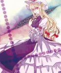  blonde_hair closed_fan dress fan folding_fan frills gap hat long_hair long_sleeves munya orange_eyes smirk solo touhou wide_sleeves yakumo_yukari 