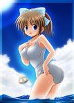  bow brown_hair cloud clouds hair_bow minami_shinju one-piece_swimsuit original school_swimsuit shell short_hair solo submerged swimsuit water wet white_school_swimsuit 