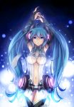  aqua_eyes aqua_hair arms_up belt breasts bridal_gauntlets center_opening cleavage elbow_gloves fingerless_gloves gloves hatsune_miku hatsune_miku_(append) long_hair miku_append navel necktie saku_(ilovechocolate) solo thigh-highs thigh_gap thighhighs twintails very_long_hair vocaloid vocaloid_append zettai_ryouiki 