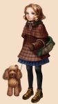  brown_hair coat dog gloves green_eyes highres leash original pantyhose poodle short_hair skirt solo umedama_riko 