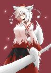  animal_ears bad_id detached_sleeves doseisan_(dosei-san) glaring hakama hat highres inubashiri_momiji japanese_clothes red_eyes short_hair silver_hair simple_background solo sword tail tokin_hat touhou weapon wolf_ears wolf_tail 