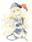  agahari alternate_costume blonde_hair cat_tail epaulettes glasses jolly_roger orange_eyes pantyhose perrine_h_clostermann pirate skull_and_crossed_swords solo strike_witches sword tail traditional_media weapon 