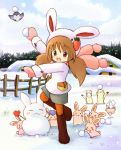  bird brown_hair bunny bunny_ears eijima_moko mittens original pantyhose rabbit rabbit_ears scarf snow snowball snowman solo twintails winter_clothes 